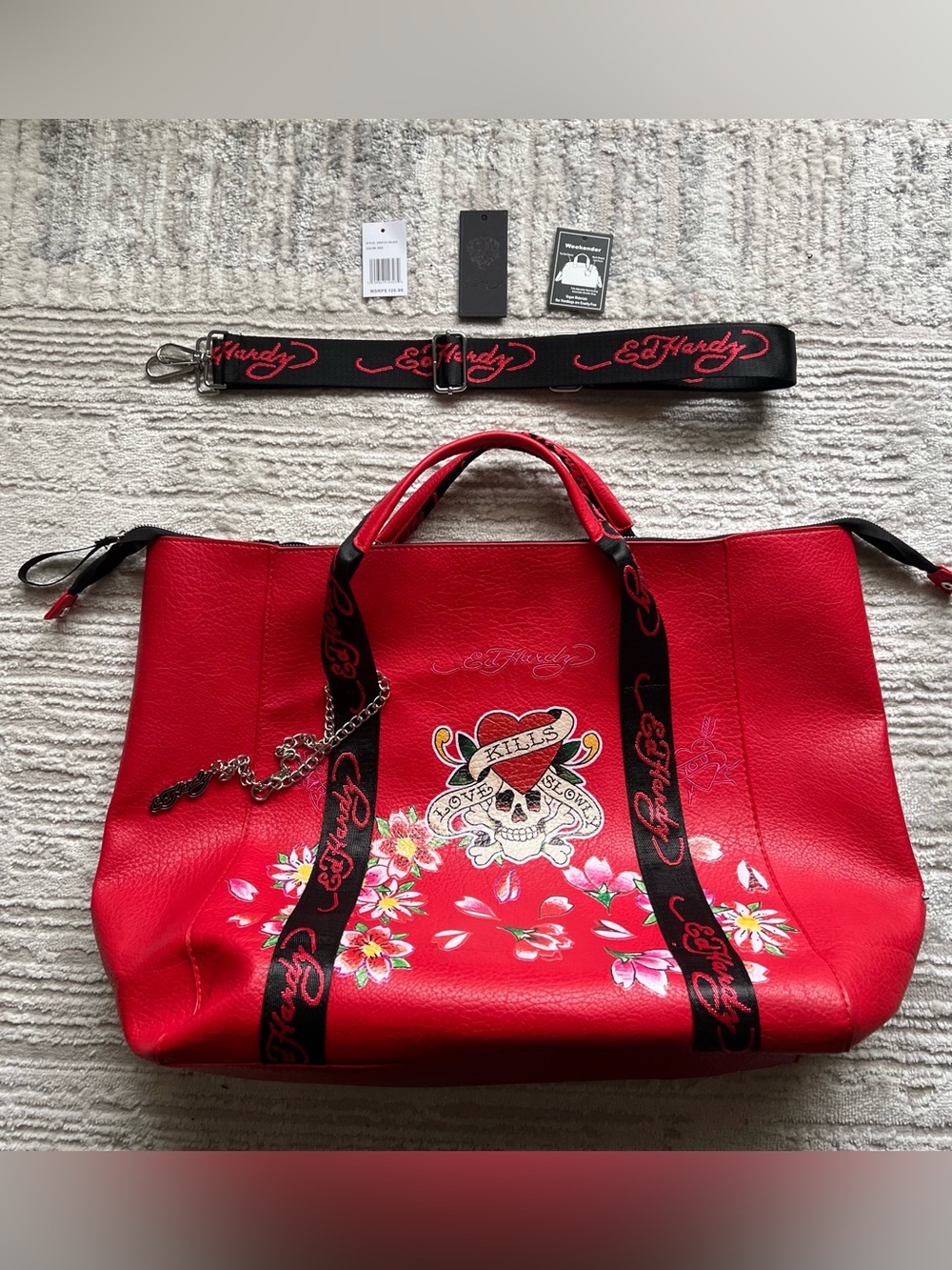 Ed Hardy Red Floral Skull Overnight Tote Bag with Strap